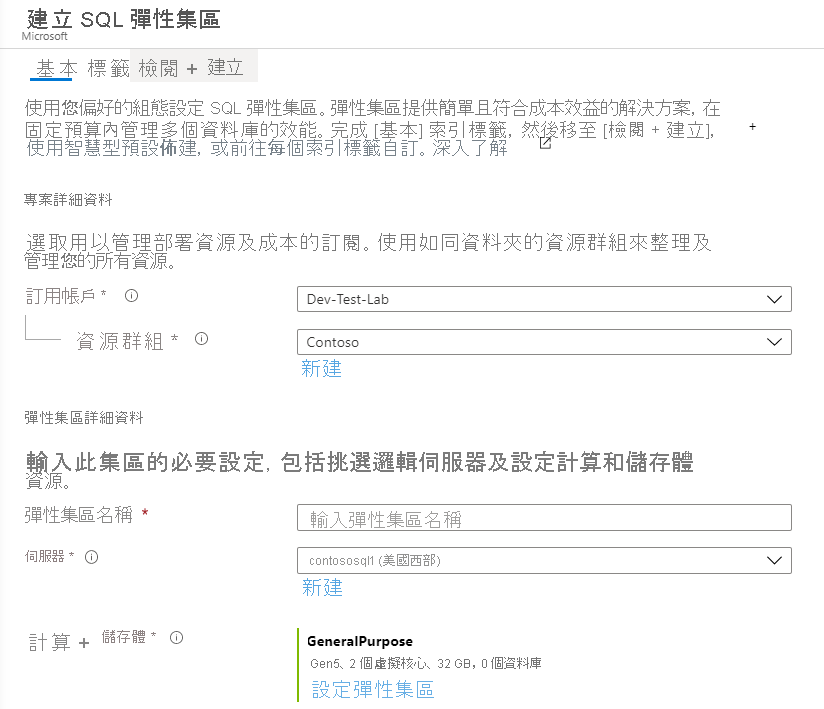 在 Azure 入口網站中建立彈性集區