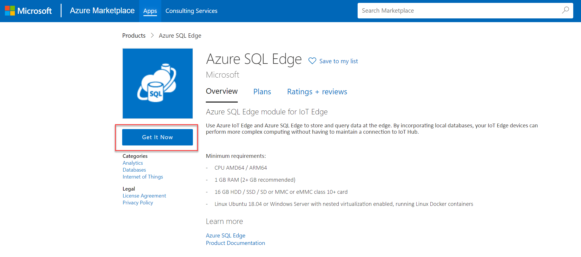 Azure SQL Edge 模組概觀畫面會顯示醒目提示 [立即取得] 按鈕。