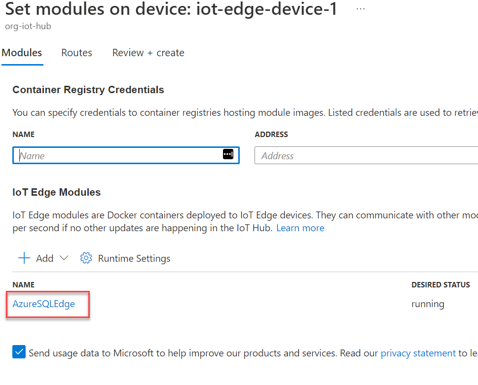 IoT Edge 模組清單會顯示醒目提示 AzureSQLEdge 模組。