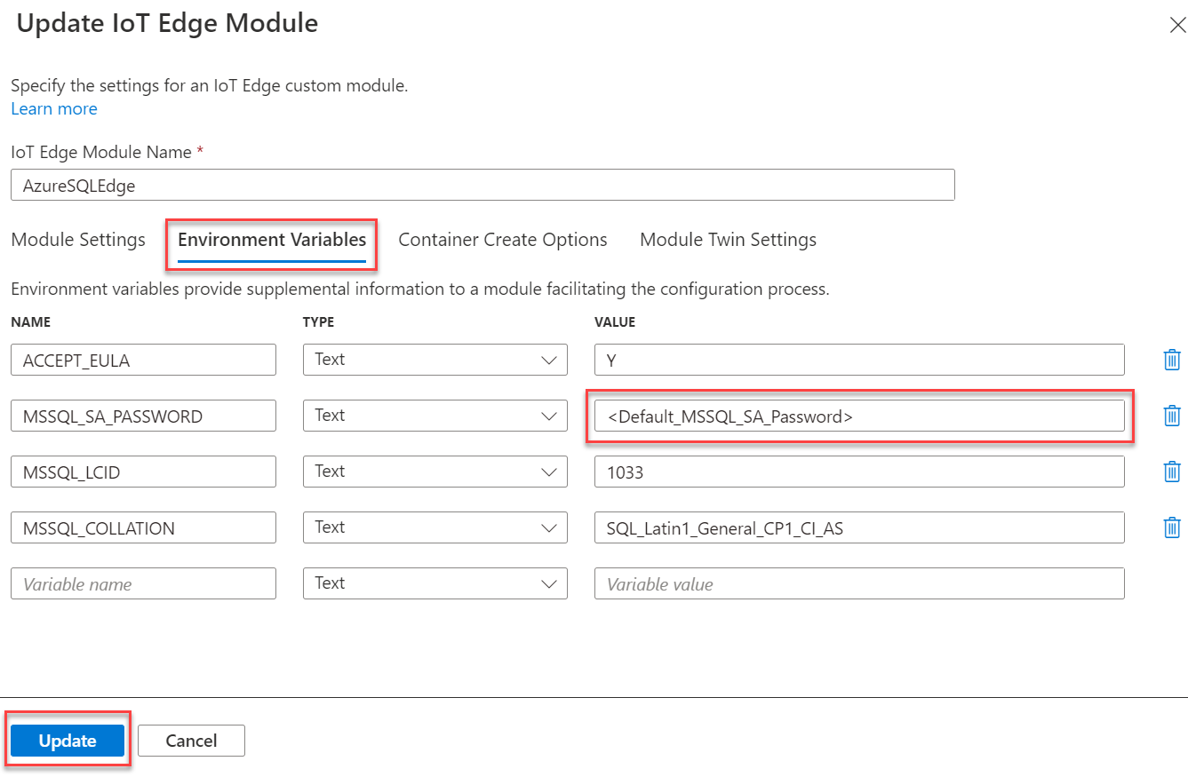 已選取 [IoT Edge 模組環境變數] 索引標籤，以及MSSQL_SA_PASSWORD的值。[更新] 按鈕會反白顯示。