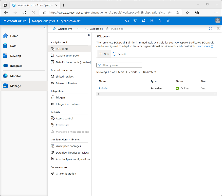 A screenshot of the SQL pools tab in the Manage page of Synapse Studio.