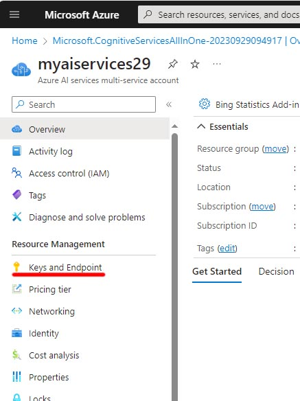 Screenshot of Azure portal's left-hand pane with Keys and Endpoints selected under Resource Management.