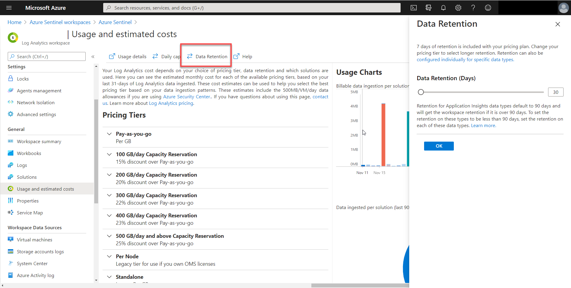 Screenshot of setting the data retention.