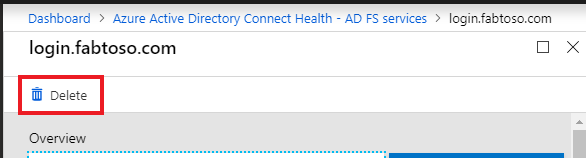 Screenshot of Microsoft Entra Connect Health delete service. Remove unwanted services.