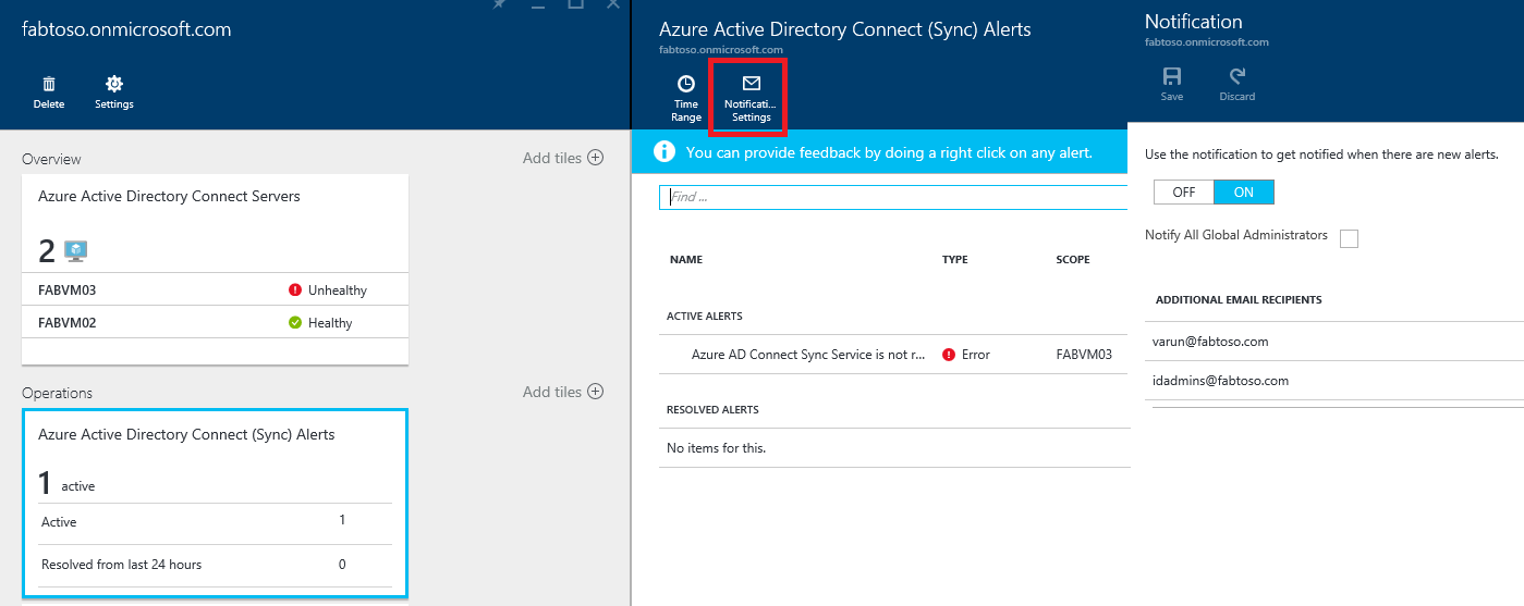 Screenshot of Microsoft Entra Connect Health email notification settings. Enter your admin's email.