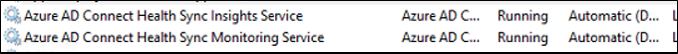 Screenshot of the running Microsoft Entra Connect Health for Sync services on the server.