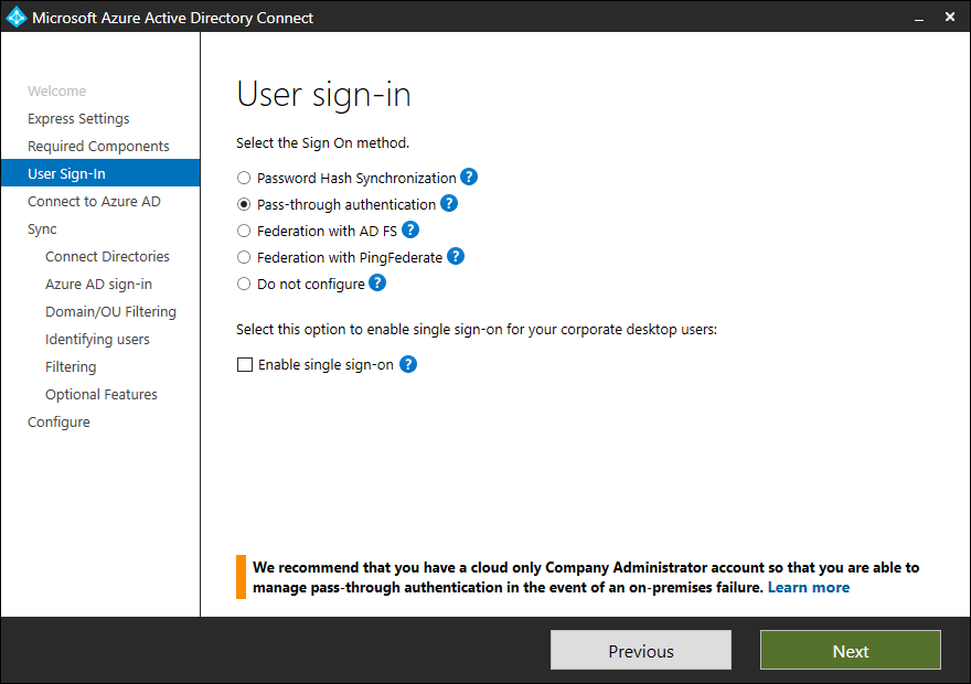 Screenshot of the Microsoft Entra Connect user interface. The User sign-in option is selected and the user has choices of different types of sign-in options.