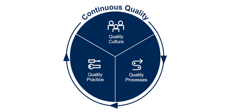 下圖顯示持續品質包括品質文化、品質流程和品質做法。