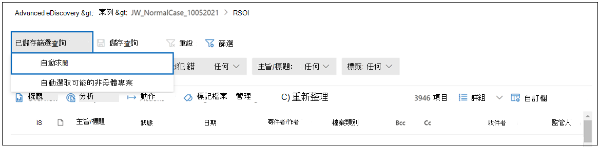 檢閱集的螢幕擷取畫面，顯示下拉式功能表中儲存的篩選查詢選項和供檢閱選項。