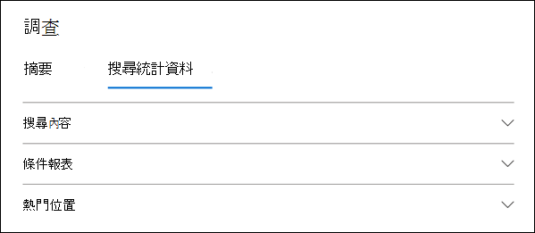 電子文件探索標準版案例的螢幕擷取畫面，顯示 [搜尋統計資料] 索引標籤和選取的搜尋的詳細資料。