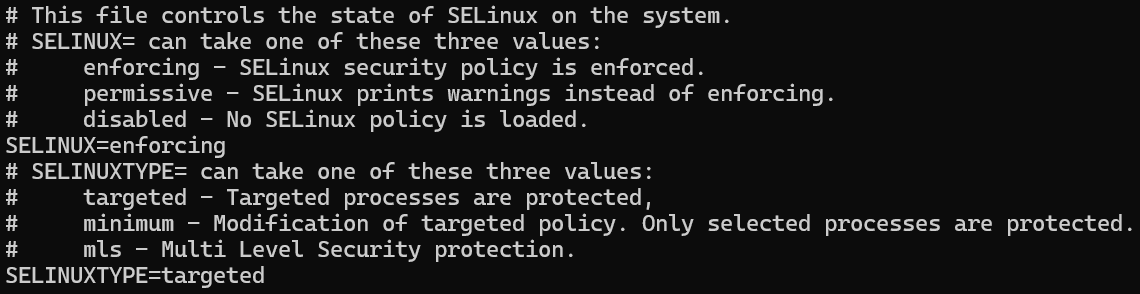 顯示 /etc/selinux/config 正確組態的螢幕快照。