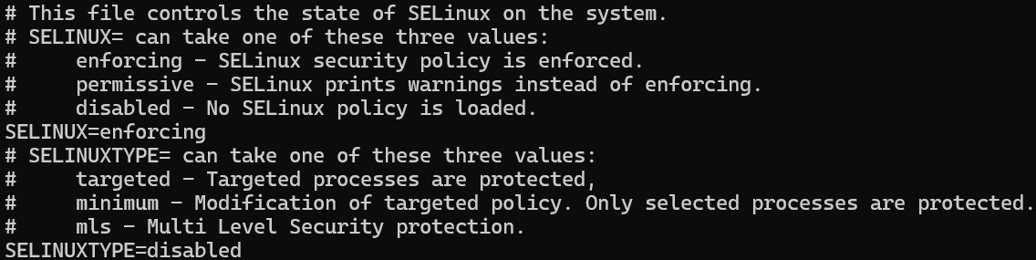 顯示 SELINUXTYPE 金鑰未正確設定為停用的螢幕快照。