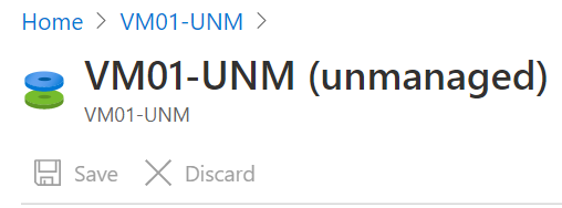 此螢幕快照顯示附加至 Azure 入口網站 中 V M 名稱的 Unmanaged 一字。
