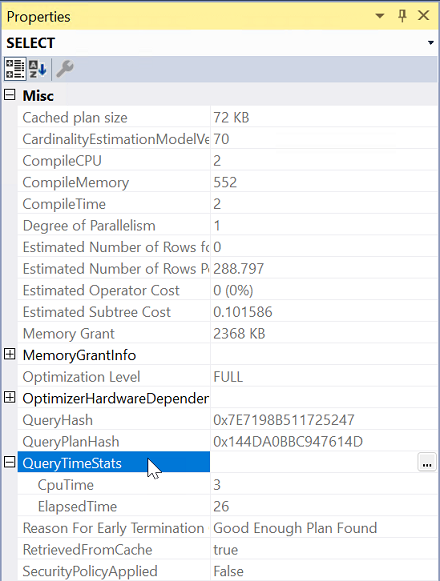 SQL Server 執行計劃屬性視窗的螢幕快照，其中已展開 QueryTimeStats 屬性。