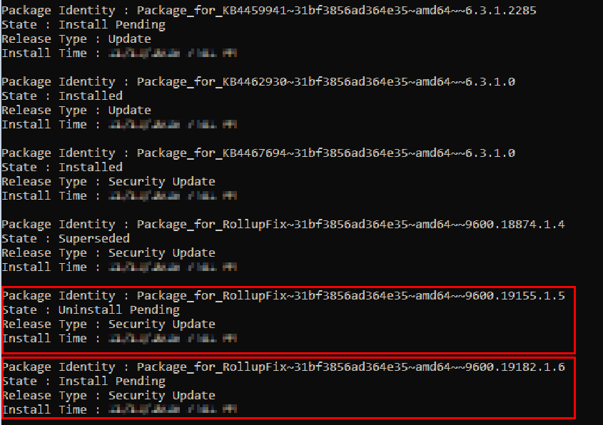 Dism 輸出擱置更新的螢幕快照。