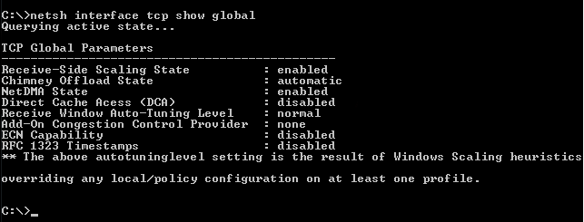 netsh 介面 tcp show global 命令輸出的螢幕快照。