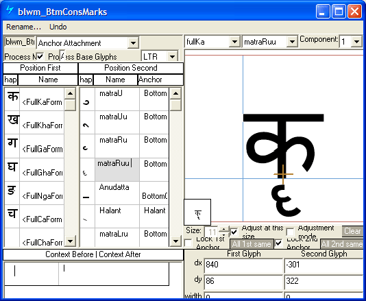 Screenshot of a dialog in Microsoft VOLT for specifying positioning adjustments. Anchor attachment is selected as the lookup type. A mark glyph is shown positioned below a base glyph using an anchor point.