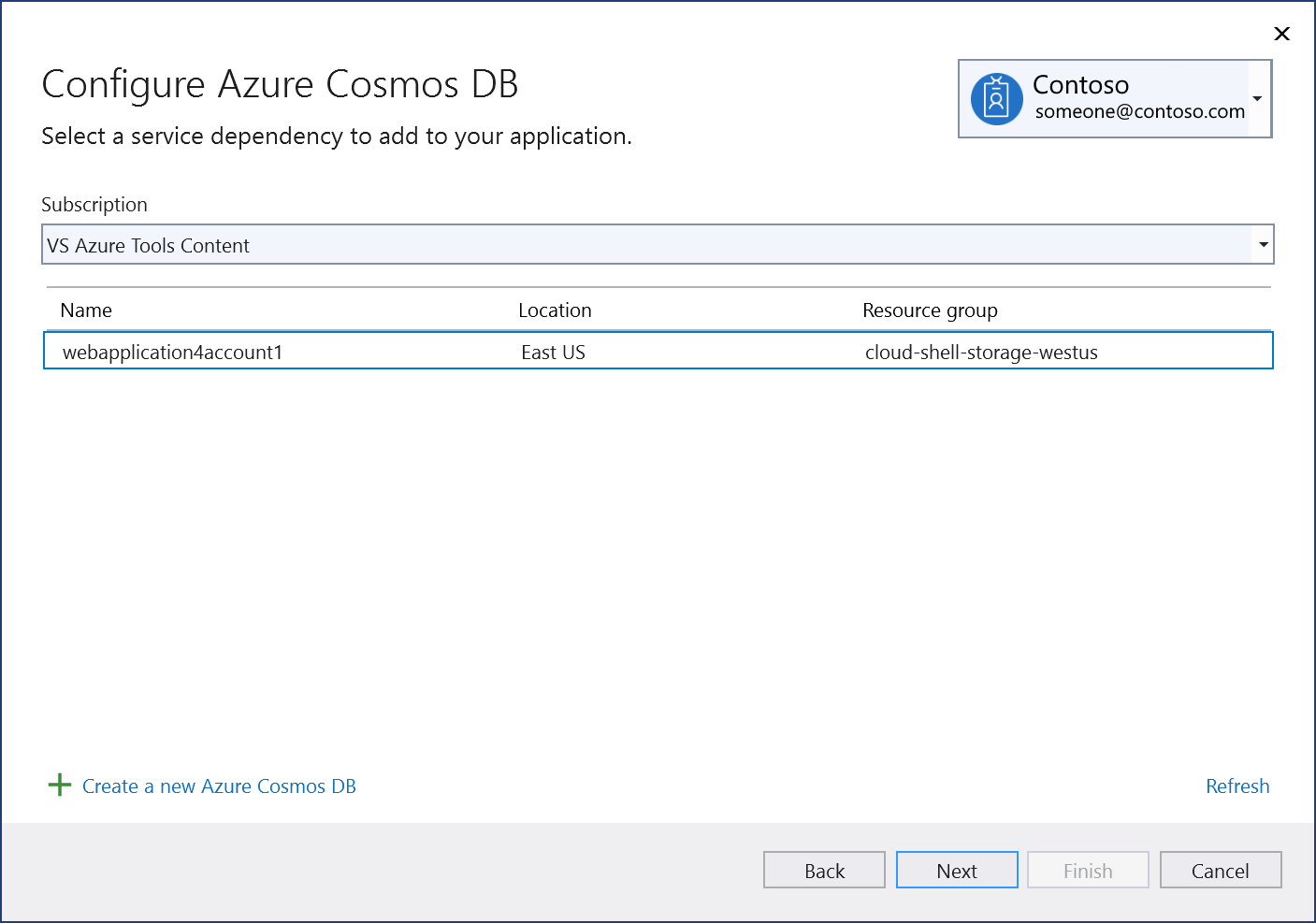 顯示如何將現有的 Azure Cosmos DB 新增到專案中的螢幕擷取畫面。