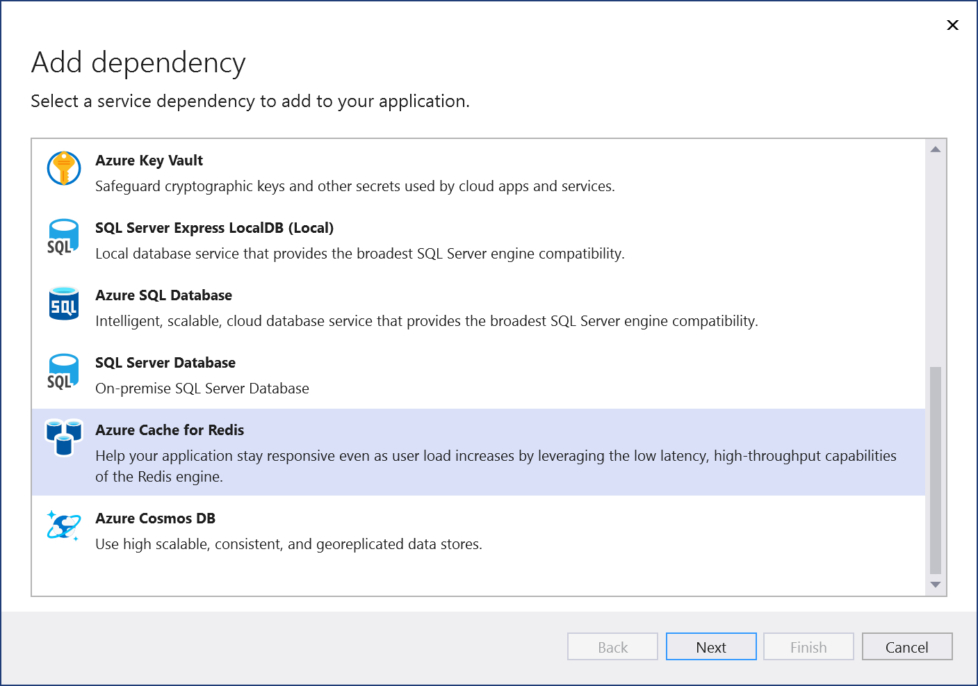 顯示「新增相依性」頁面的螢幕擷取畫面，其中選取了 Azure Cache for Redis。