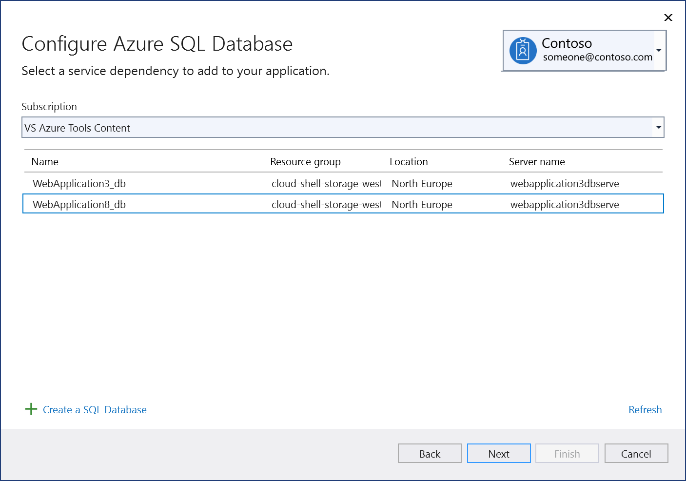 顯示 [連線至現有 Azure SQL 資料庫元件] 畫面的螢幕擷取畫面。