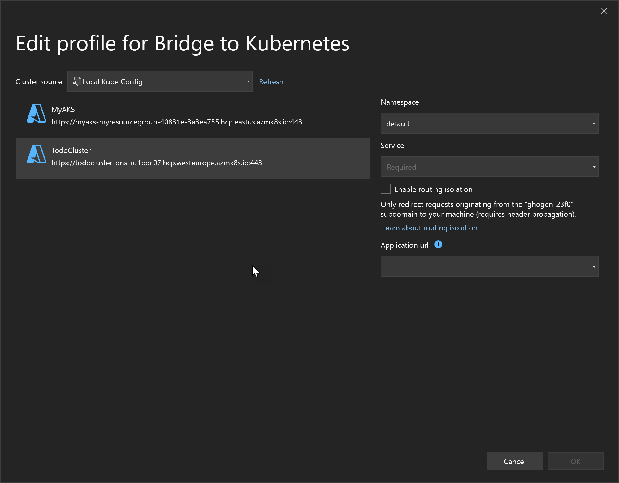 此螢幕擷取畫面顯示編輯部分最常見的 Bridge to Kubernetes 設定檔屬性。