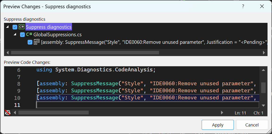 螢幕擷取畫面顯示隱藏檔案中具有 SuppressMessageAttribute 屬性之 [預覽變更] 對話框。