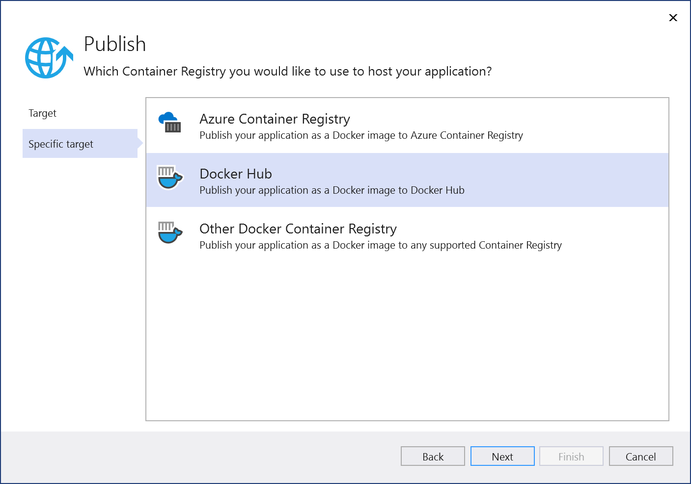 Screenshot of Publish dialog - choose Docker Hub.