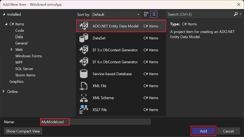 顯示如何使用 [新增項目] 對話方塊建立新的 ADO.NET 實體資料模型的螢幕擷取畫面。