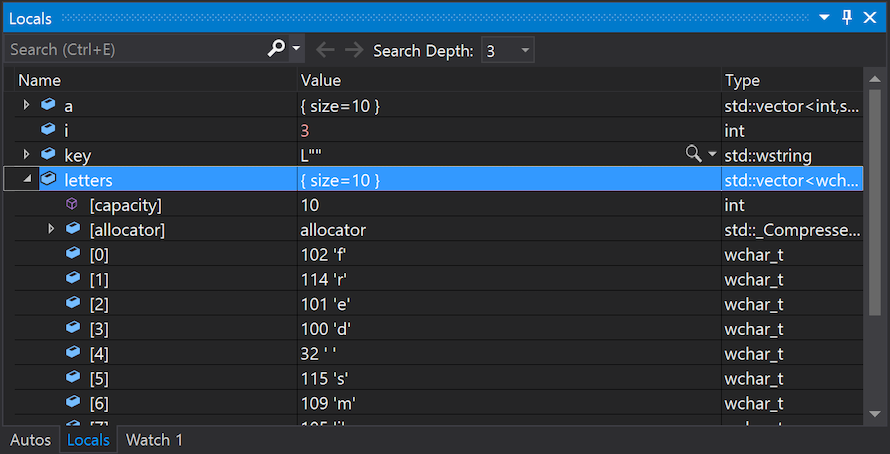 顯示如何在 Visual Studio 的 [局部變數] 視窗中檢查變數和值的螢幕快照。