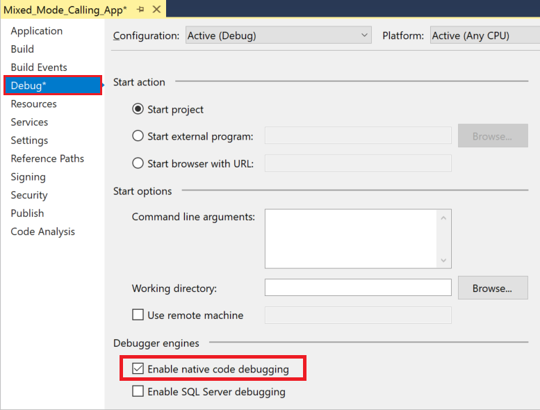 顯示如何在 Visual Studio 2019 中啟用 C# 或 Visual Basic 專案混合模式偵錯的螢幕擷取畫面。