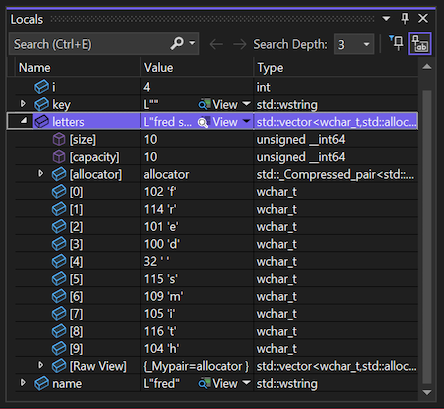 顯示如何在 Visual Studio 2022 的 [局部變數] 視窗中檢查變數和值的螢幕快照。