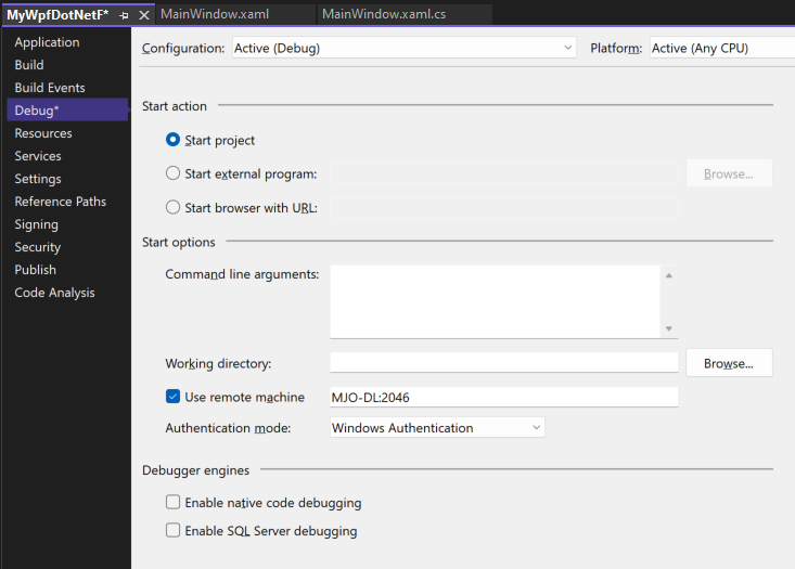 Visual Studio Project Properties for C# 和 .NET 中偵錯啟動設定檔 UI 的螢幕擷取畫面。