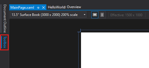 Screenshot showing the tab for the 'Toolbox' fly-out window highlighted on the left side of the XAML Designer Pane.