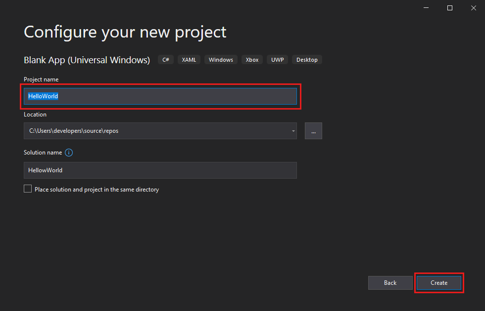 Screenshot of the 'Configure your new project' dialog with 'HelloWorld' entered in the Project name field.