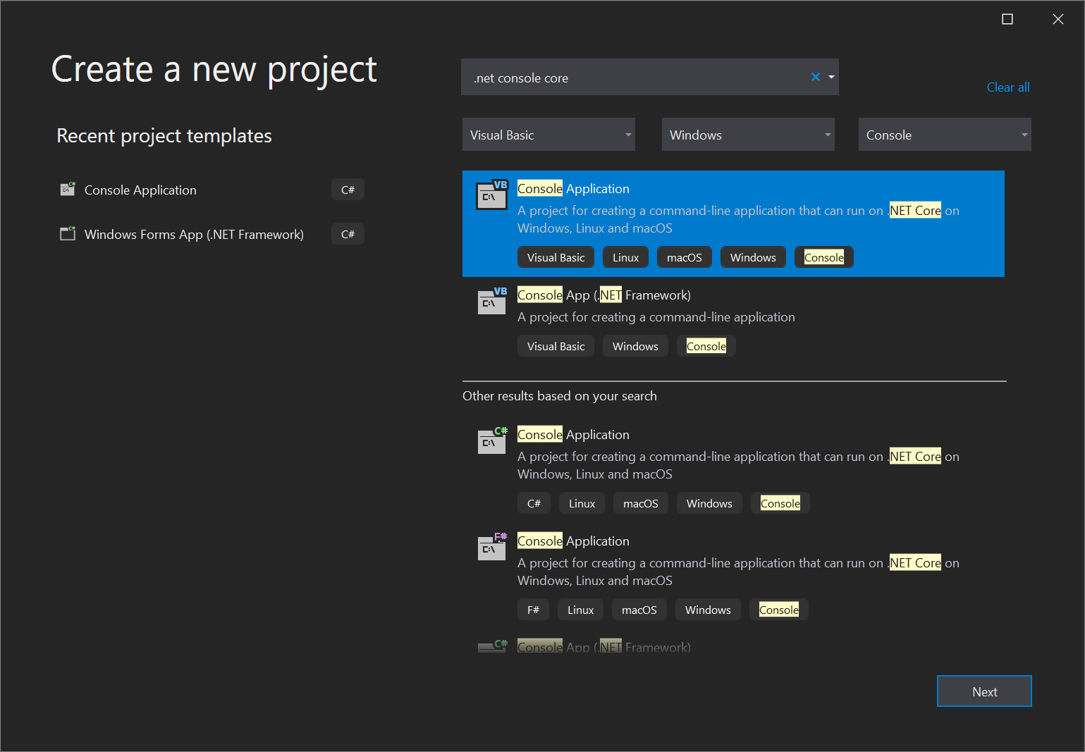 Visual Studio 2019 中 [建立新專案] 視窗的螢幕擷取畫面，您可以在其中根據自己的需要選取範本。