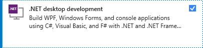 顯示 Visual Studio 安裝程式中 .NET 桌面開發工作負載的螢幕快照。
