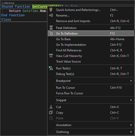 顯示 Visual Studio 中的 [移至定義] 的螢幕擷取畫面。