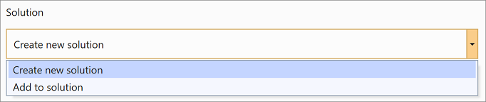 Visual Studio 2019 中 [建立新解決方案] 或 [新增至解決方案] 對話方塊的螢幕擷取畫面。