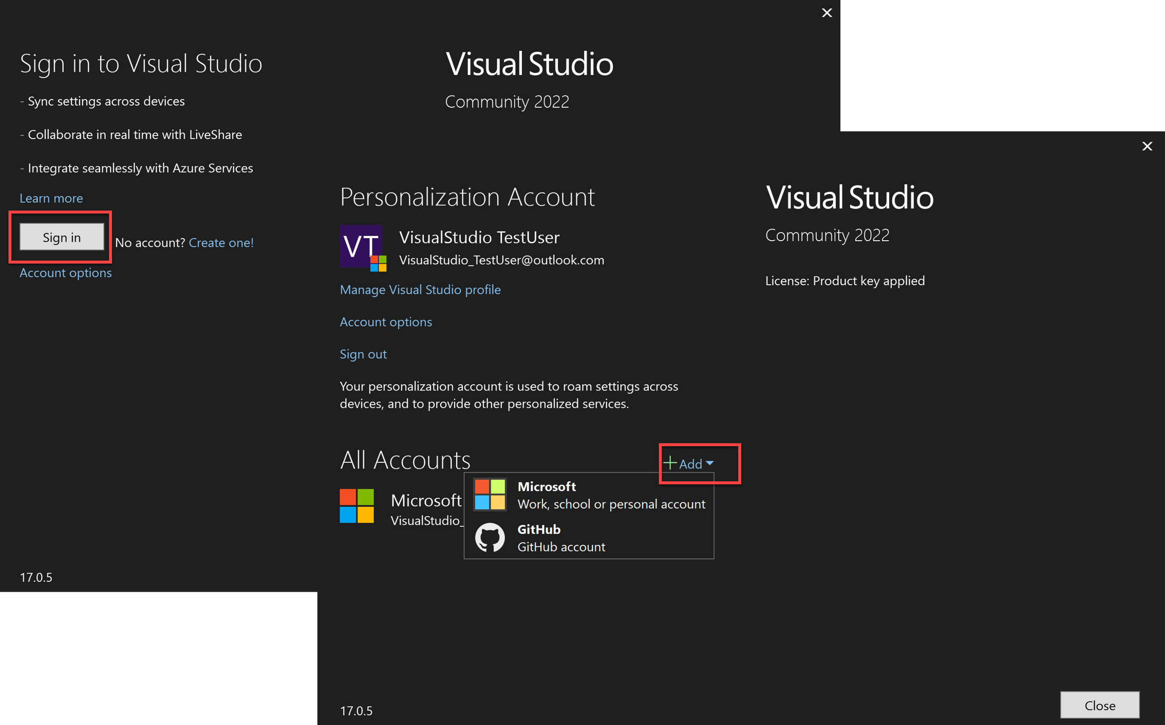 將新的個人化帳戶新增至 Visual Studio。