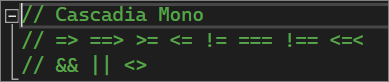 編輯器中 Cascadia Mono 字型的範例螢幕擷取畫面。