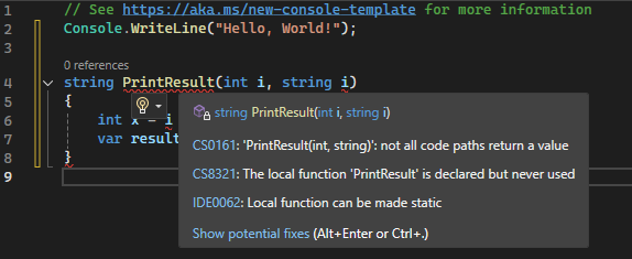 此螢幕擷取畫面顯示了 Visual Studio 中的基本快速動作建議和燈泡圖示。