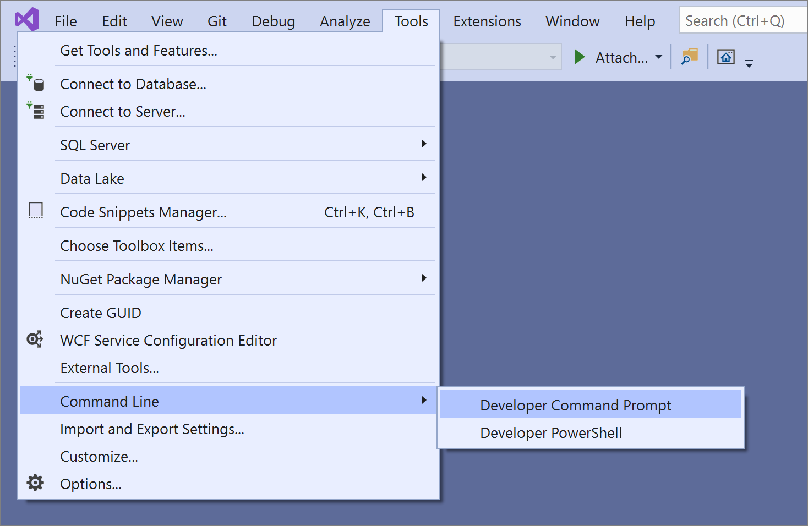 Visual Studio 2019 命令列功能表的螢幕擷取畫面。