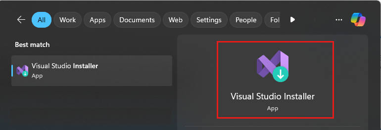 顯示 [開始] 功能表搜尋 Visual Studio 安裝程式結果的螢幕擷取畫面。