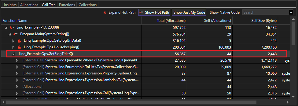 .NET 物件配置工具中減少的記憶體配置的螢幕擷取畫面。