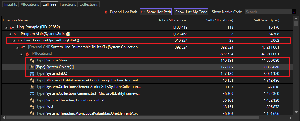 .NET 物件配置工具中 [呼叫樹狀結構] 檢視的螢幕擷取畫面。