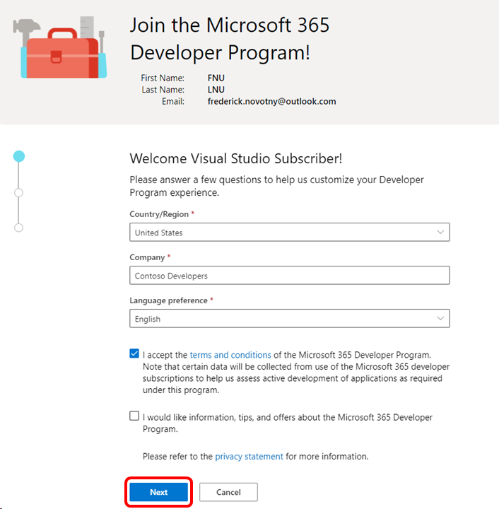 Microsoft 365 開發人員歡迎畫面