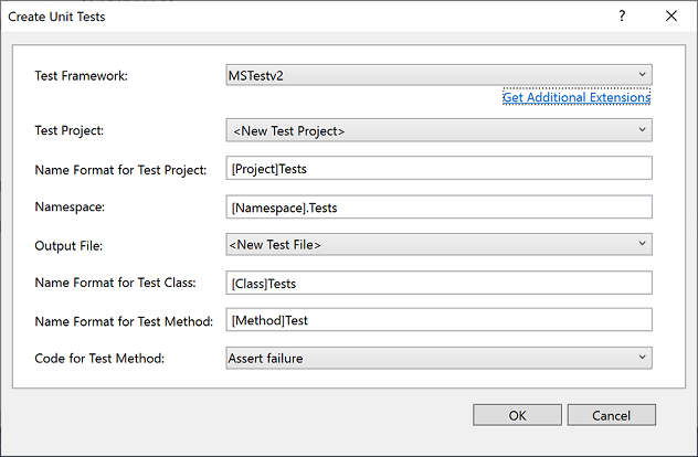 Visual Studio 的 [建立單元測試] 對話方塊