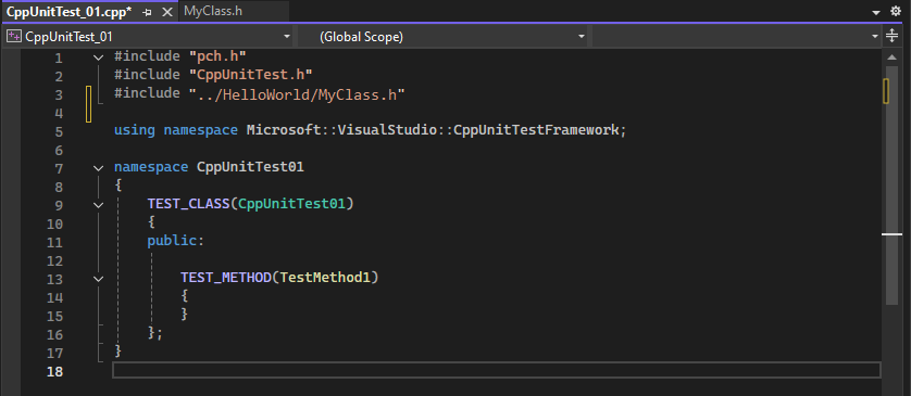 螢幕快照顯示 Visual Studio 2022 中使用 TEST_CLASS 和 TEST_METHOD 巨集的存根類別和方法。