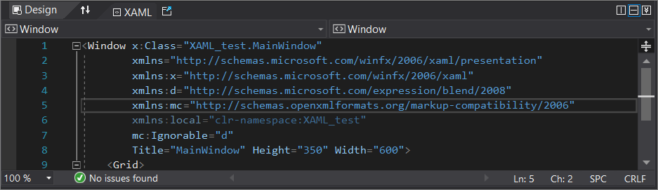 Visual Studio 的 XAML 程式碼編輯器視窗