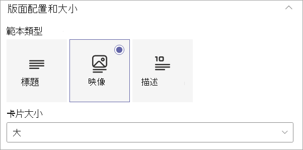 顯示 [屬性] 窗格中 [配置] 和 [大小] 類別底下選項的螢幕快照。